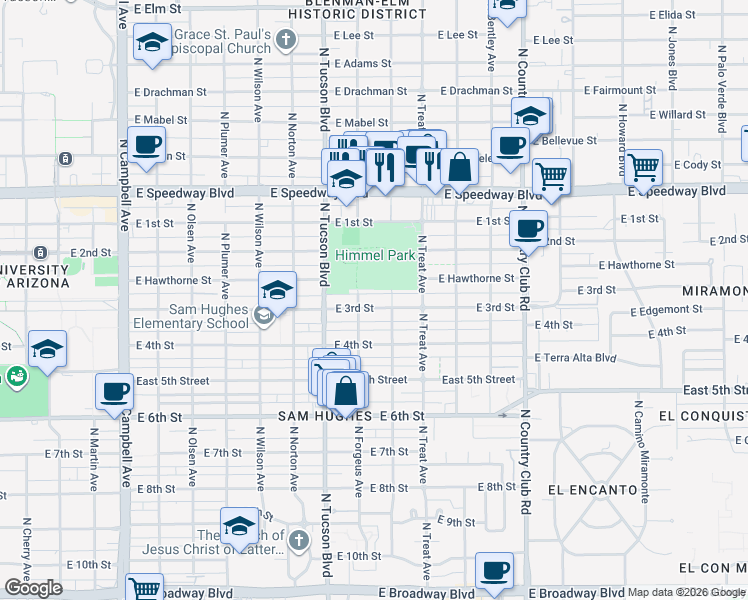 map of restaurants, bars, coffee shops, grocery stores, and more near 2645 East 3rd Street in Tucson