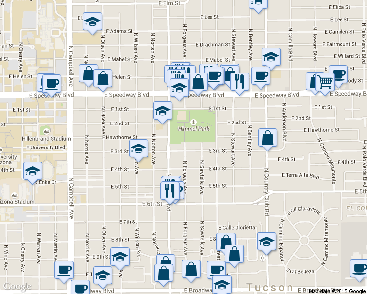 map of restaurants, bars, coffee shops, grocery stores, and more near 2549 East 3rd Street in Tucson