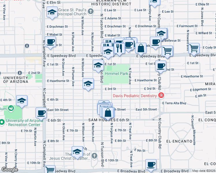 map of restaurants, bars, coffee shops, grocery stores, and more near 2549 East 3rd Street in Tucson