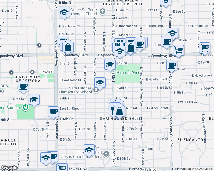 map of restaurants, bars, coffee shops, grocery stores, and more near 2341 East 3rd Street in Tucson