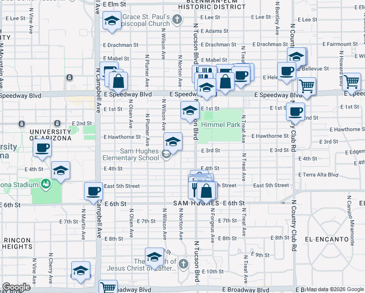 map of restaurants, bars, coffee shops, grocery stores, and more near 2341 East 3rd Street in Tucson
