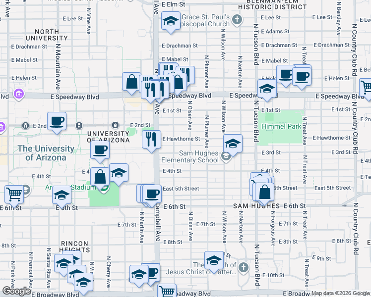 map of restaurants, bars, coffee shops, grocery stores, and more near 2033 East 3rd Street in Tucson