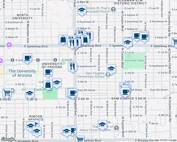 map of restaurants, bars, coffee shops, grocery stores, and more near 2033 East 3rd Street in Tucson