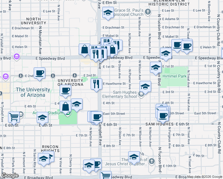 map of restaurants, bars, coffee shops, grocery stores, and more near 2033 East 3rd Street in Tucson