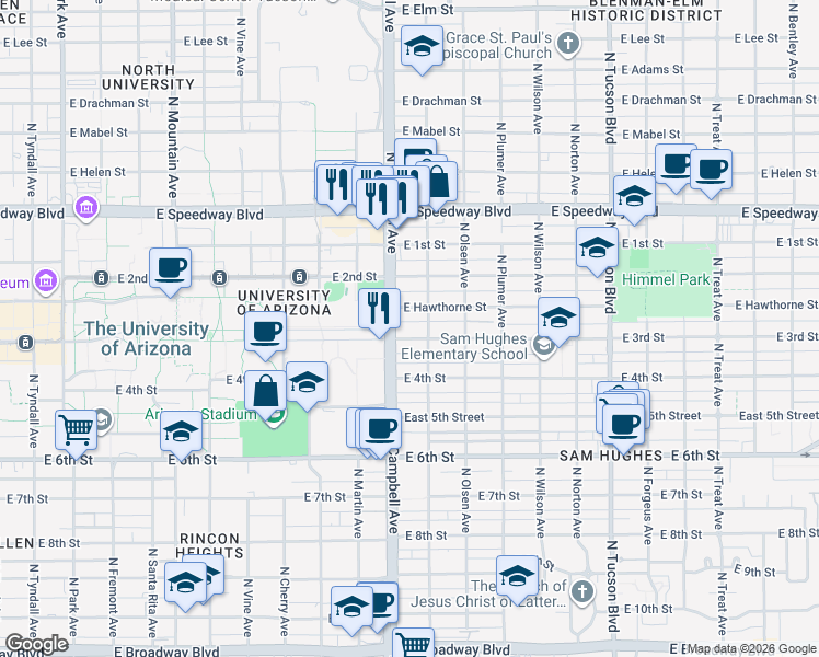 map of restaurants, bars, coffee shops, grocery stores, and more near 1933 East 3rd Street in Tucson