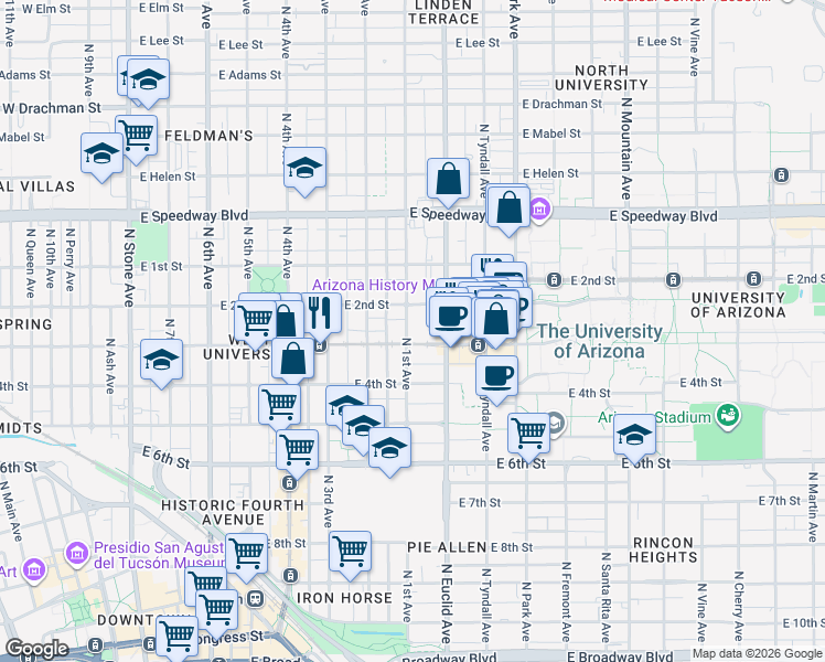 map of restaurants, bars, coffee shops, grocery stores, and more near 703 East University Boulevard in Tucson
