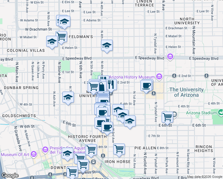 map of restaurants, bars, coffee shops, grocery stores, and more near 503 East University Boulevard in Tucson