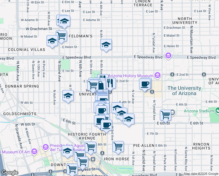 map of restaurants, bars, coffee shops, grocery stores, and more near 503 East University Boulevard in Tucson