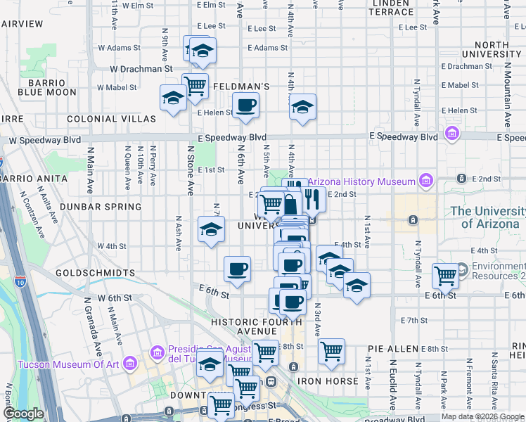 map of restaurants, bars, coffee shops, grocery stores, and more near 305 East University Boulevard in Tucson