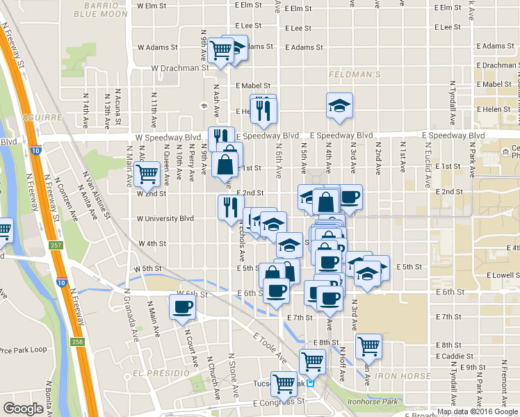 map of restaurants, bars, coffee shops, grocery stores, and more near 101 East University Boulevard in Tucson