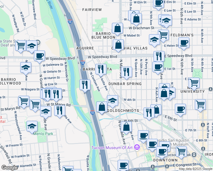 map of restaurants, bars, coffee shops, grocery stores, and more near 801 North Anita Avenue in Tucson