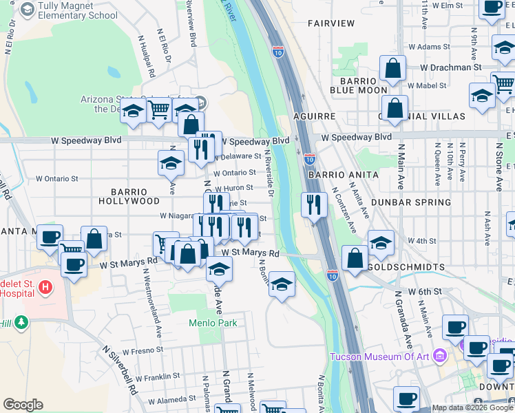 map of restaurants, bars, coffee shops, grocery stores, and more near 1005 West Erie Street in Tucson