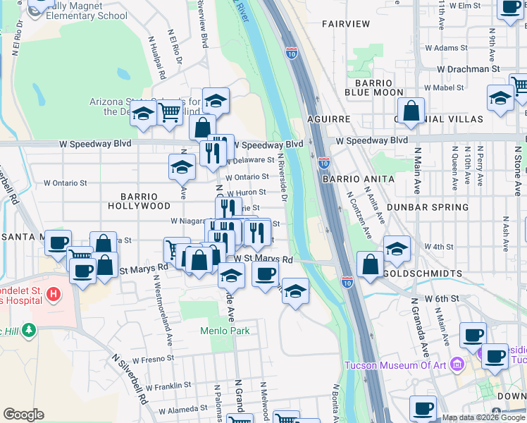 map of restaurants, bars, coffee shops, grocery stores, and more near 1101 West Erie Street in Tucson