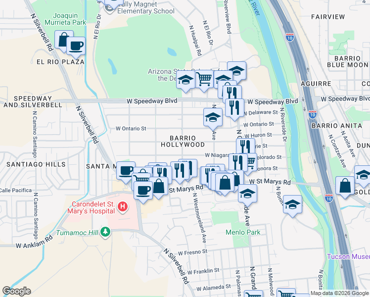map of restaurants, bars, coffee shops, grocery stores, and more near 1322 West Niagara Street in Tucson