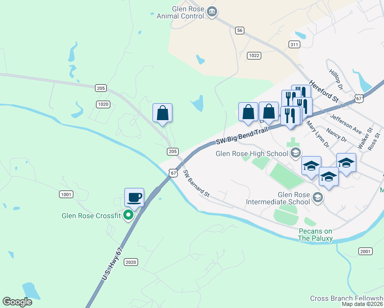 map of restaurants, bars, coffee shops, grocery stores, and more near 2110 Southwest Big Bend Trail in Glen Rose
