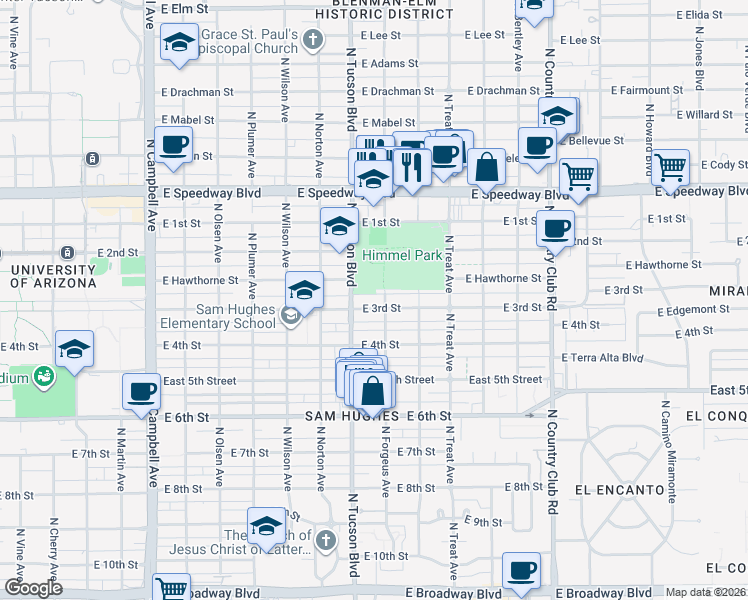 map of restaurants, bars, coffee shops, grocery stores, and more near 2549 East 3rd Street in Tucson
