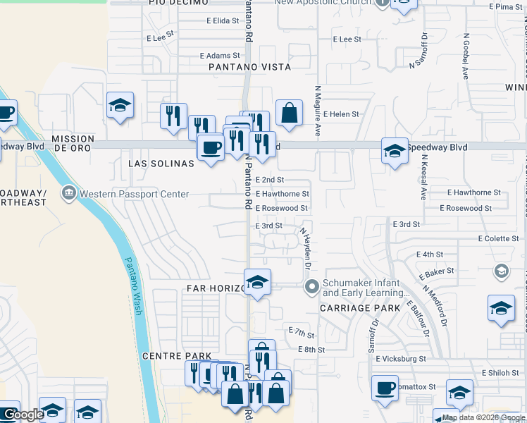 map of restaurants, bars, coffee shops, grocery stores, and more near 7922 East Rosewood Street in Tucson