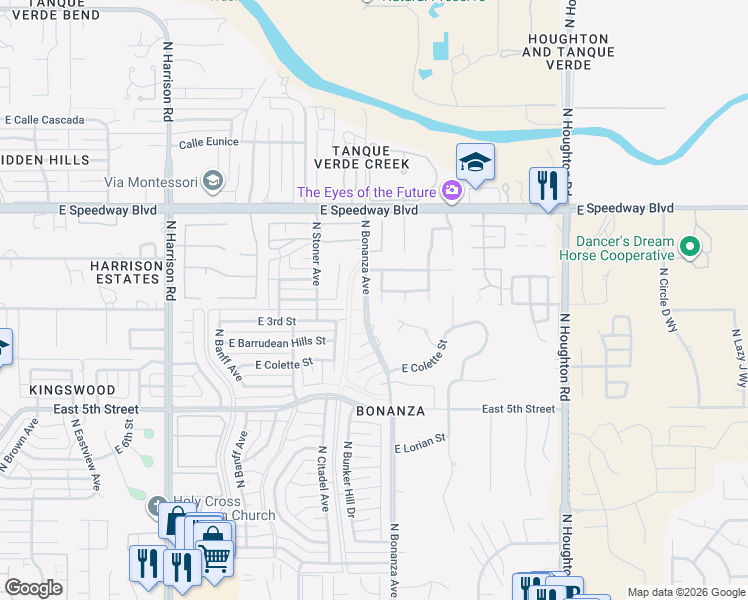 map of restaurants, bars, coffee shops, grocery stores, and more near 841 North Fleetwood Lane in Tucson