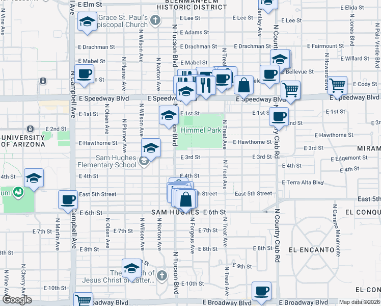 map of restaurants, bars, coffee shops, grocery stores, and more near 2549 E 3rd St in Tucson