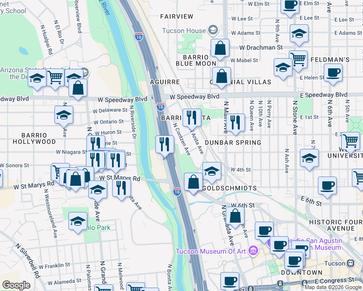 map of restaurants, bars, coffee shops, grocery stores, and more near 855 North Contzen Avenue in Tucson