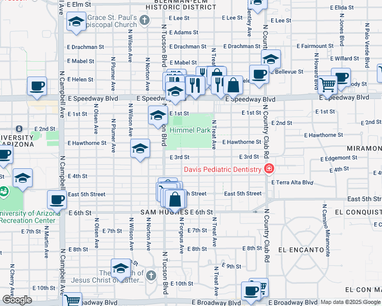 map of restaurants, bars, coffee shops, grocery stores, and more near 2645 East 3rd Street in Tucson