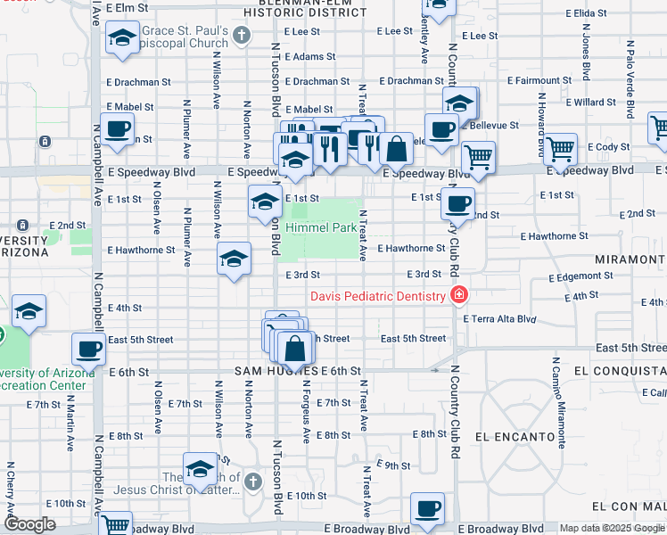 map of restaurants, bars, coffee shops, grocery stores, and more near 2645 E 3rd St in Tucson