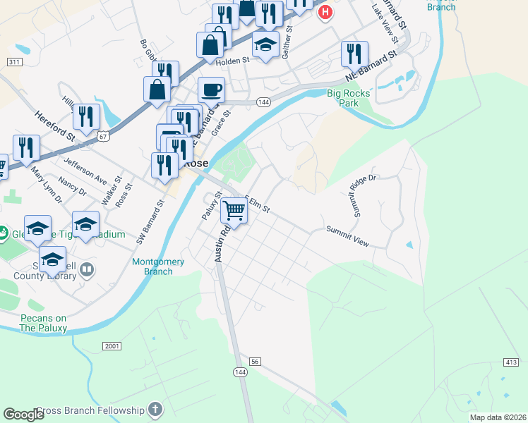 map of restaurants, bars, coffee shops, grocery stores, and more near 500 East Elm Street in Glen Rose