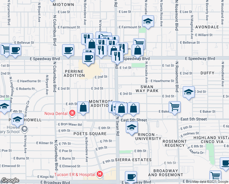 map of restaurants, bars, coffee shops, grocery stores, and more near 742 North Benton Avenue in Tucson