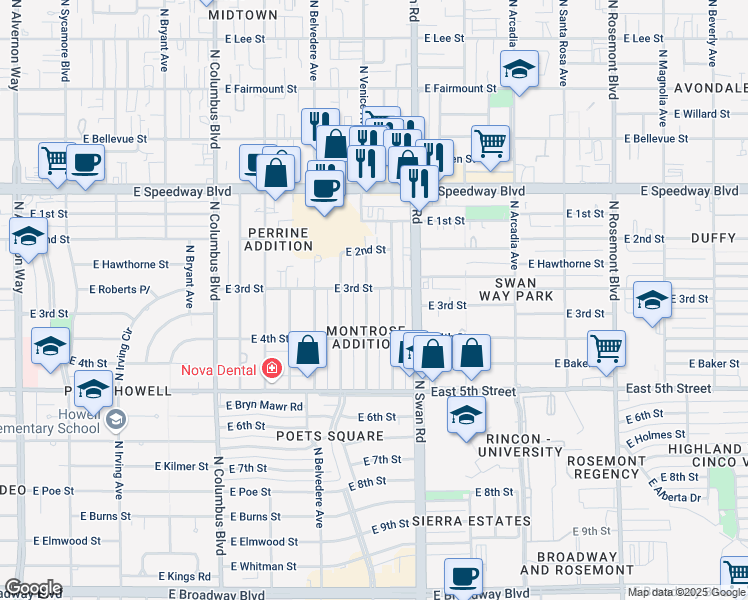map of restaurants, bars, coffee shops, grocery stores, and more near 813 North Venice Avenue in Tucson