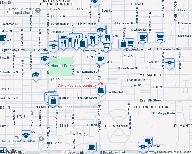map of restaurants, bars, coffee shops, grocery stores, and more near 3003 East 3rd Street in Tucson