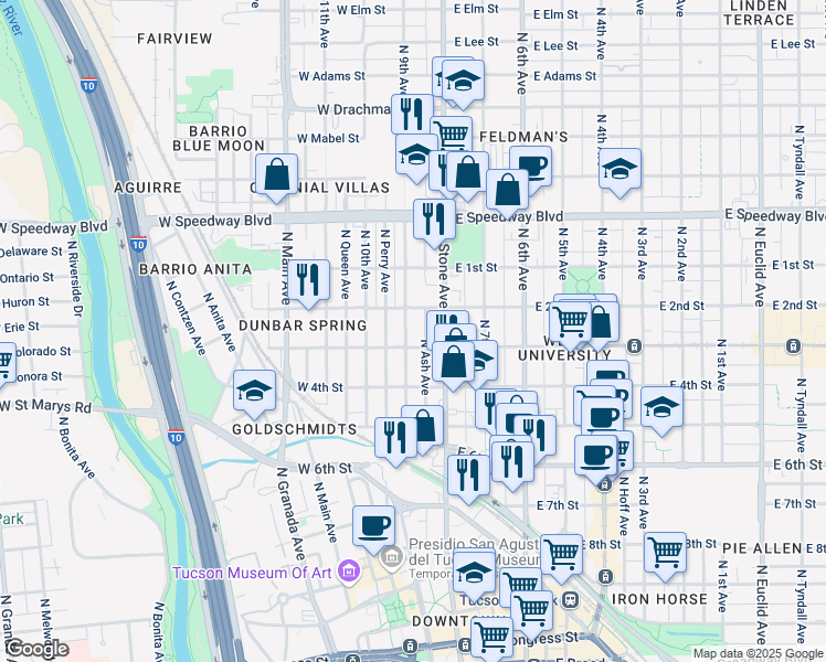 map of restaurants, bars, coffee shops, grocery stores, and more near 828 N 9th Ave in Tucson