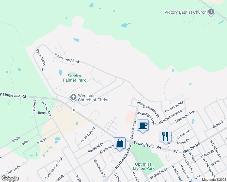 map of restaurants, bars, coffee shops, grocery stores, and more near 133 Blue Jay Street in Stephenville