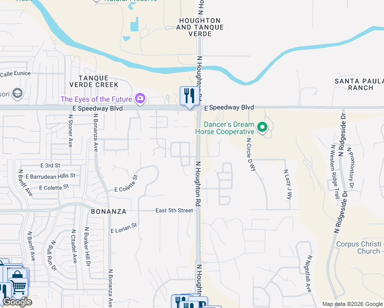map of restaurants, bars, coffee shops, grocery stores, and more near 874 North Dusenburg Avenue in Tucson