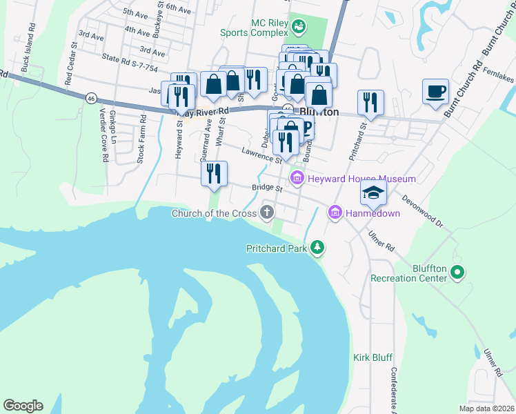 map of restaurants, bars, coffee shops, grocery stores, and more near 94 Calhoun Street in Bluffton