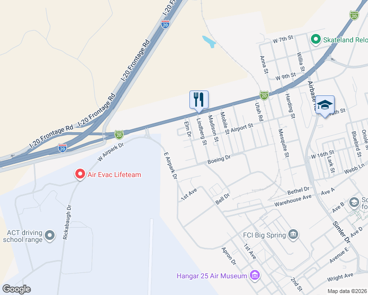 map of restaurants, bars, coffee shops, grocery stores, and more near 4212 Birch Street in Big Spring