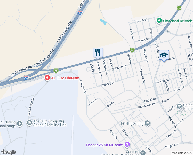 map of restaurants, bars, coffee shops, grocery stores, and more near 1307 Elm Drive in Big Spring