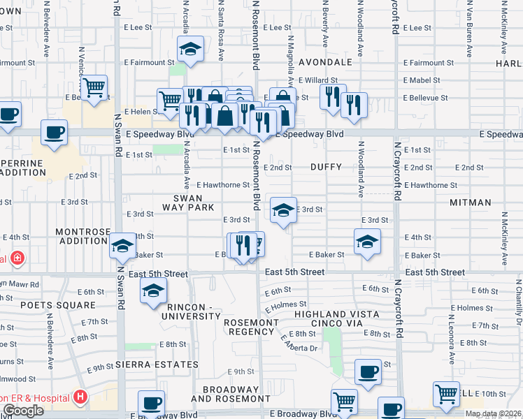 map of restaurants, bars, coffee shops, grocery stores, and more near 5049 East 3rd Street in Tucson