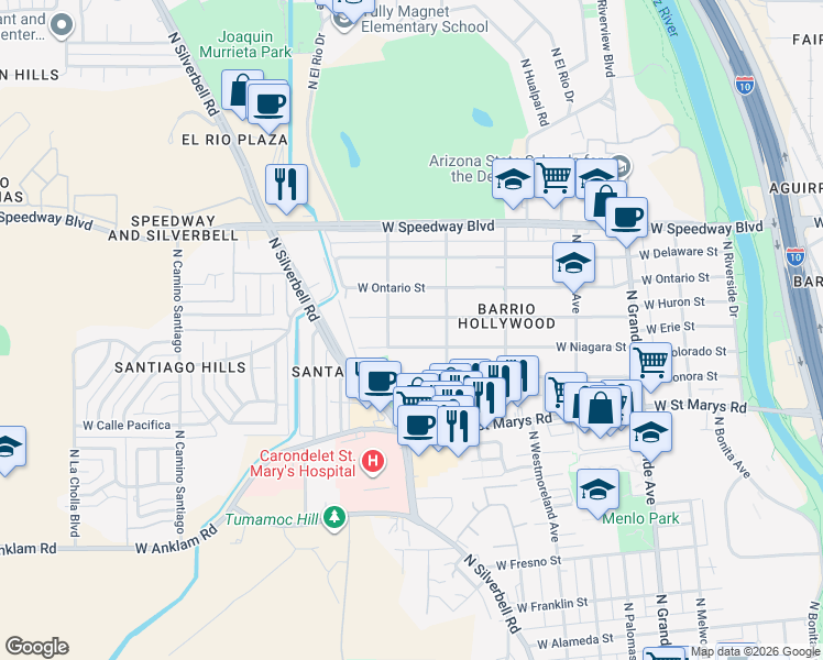map of restaurants, bars, coffee shops, grocery stores, and more near 1516 West Niagara Street in Tucson