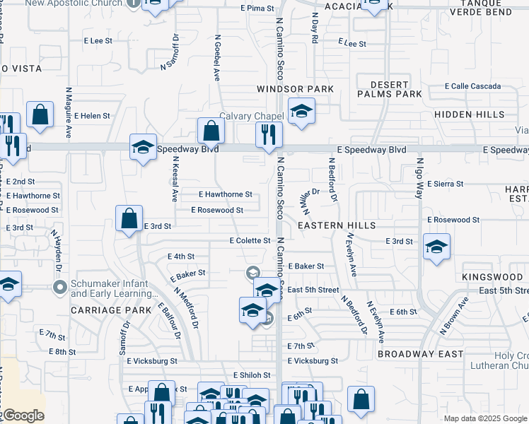 map of restaurants, bars, coffee shops, grocery stores, and more near 8630 East Rosewood Street in Tucson