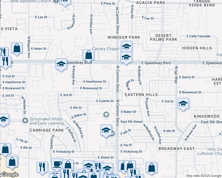 map of restaurants, bars, coffee shops, grocery stores, and more near 8630 East Rosewood Street in Tucson