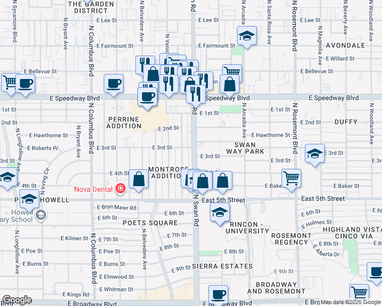map of restaurants, bars, coffee shops, grocery stores, and more near 742 North Benton Avenue in Tucson