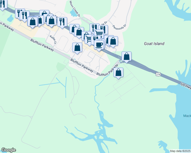 map of restaurants, bars, coffee shops, grocery stores, and more near 30 Old South Court in Bluffton