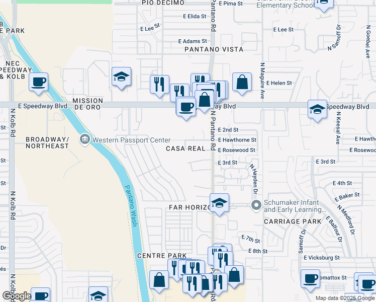 map of restaurants, bars, coffee shops, grocery stores, and more near 7802 East Rosewood Street in Tucson