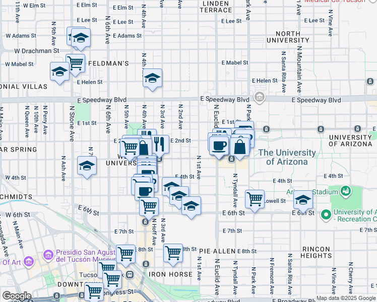 map of restaurants, bars, coffee shops, grocery stores, and more near 620 Harvill Drive in Tucson