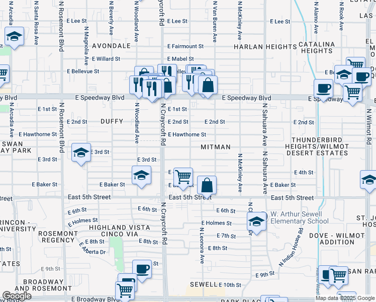 map of restaurants, bars, coffee shops, grocery stores, and more near 831 North Jefferson Avenue in Tucson