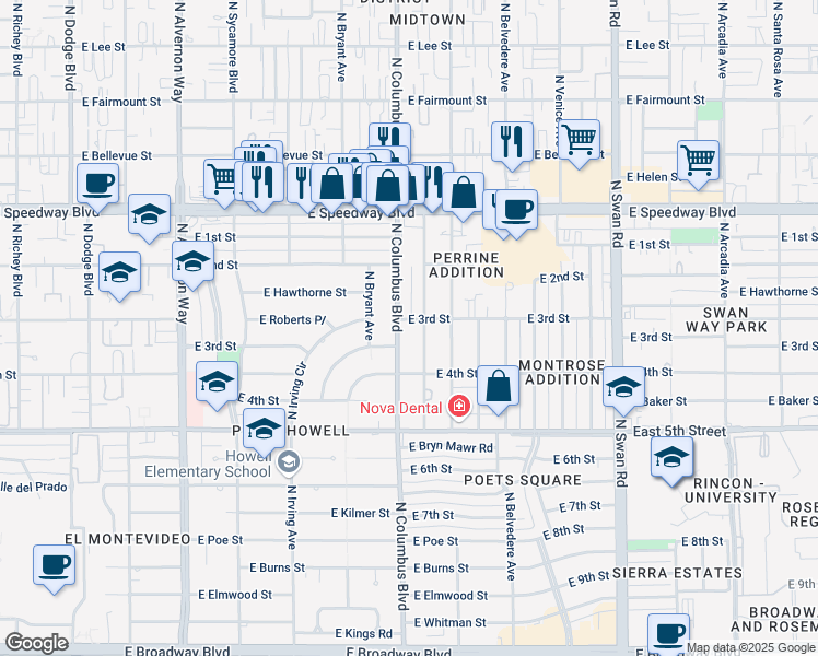 map of restaurants, bars, coffee shops, grocery stores, and more near 4314 E 3rd St in Tucson