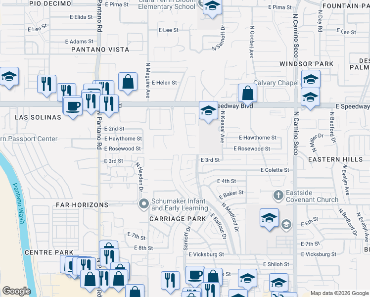 map of restaurants, bars, coffee shops, grocery stores, and more near 826 North Kent Drive in Tucson