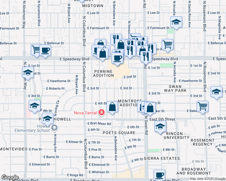 map of restaurants, bars, coffee shops, grocery stores, and more near 814 North Belvedere Avenue in Tucson