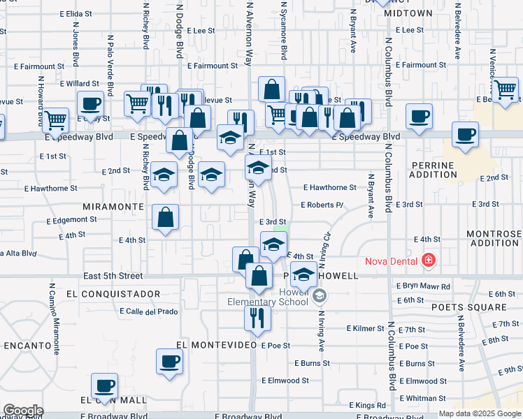map of restaurants, bars, coffee shops, grocery stores, and more near 840 North Alvernon Way in Tucson