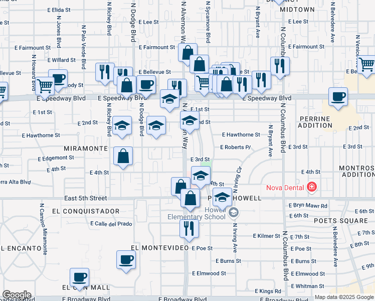 map of restaurants, bars, coffee shops, grocery stores, and more near in Tucson